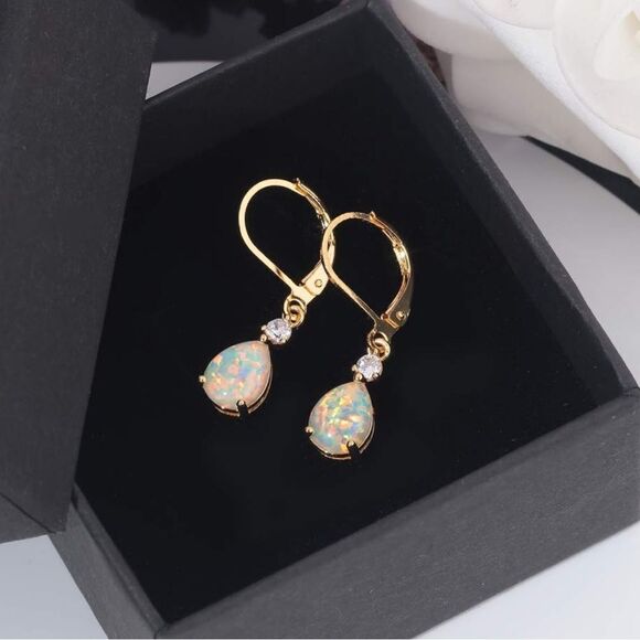 14K Yellow Gold with Genuine White Fire Opal and CZ Teardrop Leverback Earrings - Picture 3 of 5